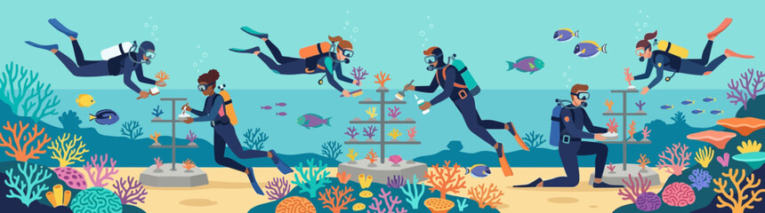 Marine Biologists Planting Coral Reef Restoration Project Underwater © Bakul