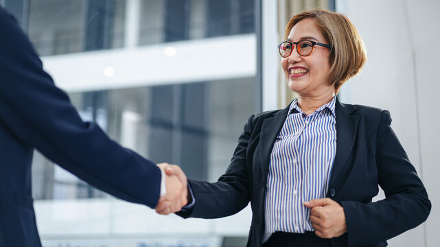 Business Professional Handshake Meeting: Adult Woman Smiling, Co