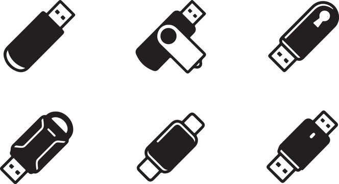 Six different usb flash drive icons in black and white style Vector