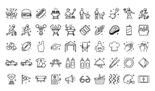 Tailgate Party Line Icons Set Editable Stroke Sports Barbecue Vector Collection on White Background