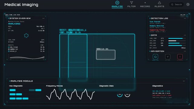 Monitoring telemetry of a advanced tomography lung scanner featuring a pulmonary anatomy screening display inside a central data center operations, panoramic view.