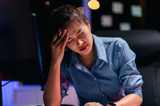 Overwhelmed Adult Professional Woman Experiences Night Work Stre