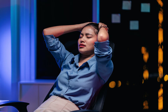 Overwhelmed Young Adult Woman Stressfully Working Late Night Off