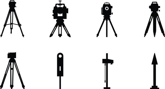 Surveying Equipment Silhouette Collection Set with Total Station, Theodolite, Tripod, Survey Marker, and Geodetic Instrument Vector Icons
