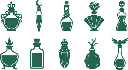 A collection of ten stylized flat icon illustrations of various decorative bottles and vials with distinct tops and shapes isolated on a transparent background for creative design applications © Be Creative