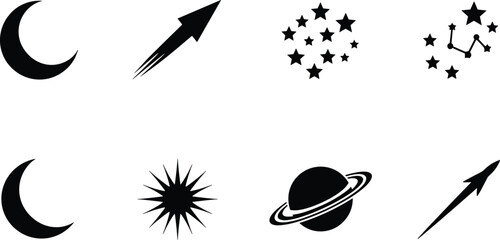 Set of simple black silhouette space and celestial astronomy vector icons featuring moon, stars, planet, and rocket © Mosiur