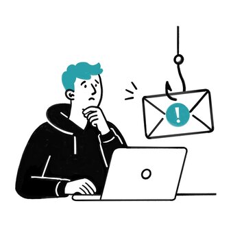 Cybersecurity phishing concept with laptop user and envelope hook, stylized cartoon artwork for awareness and education projects