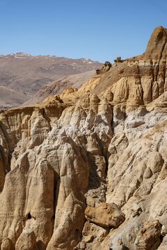 Eroded sandstone cliffs and ravines in an arid mountain desert