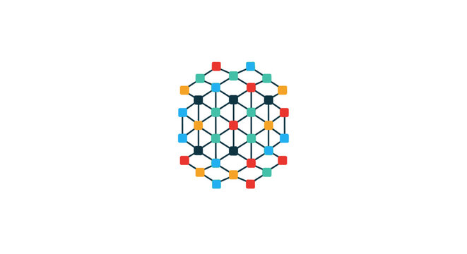 Vibrant multi-colored geometric cube and node network diagram.