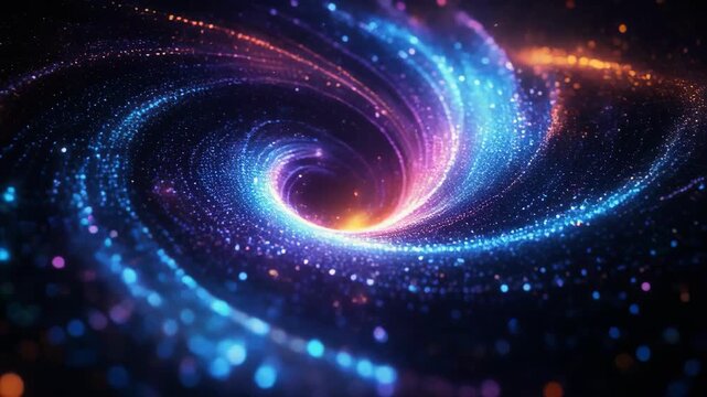 Abstract digital vortex of colorful glowing particles in motion