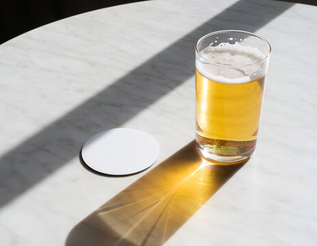 Thin round white drink coaster mockup template with beer glass on marble table