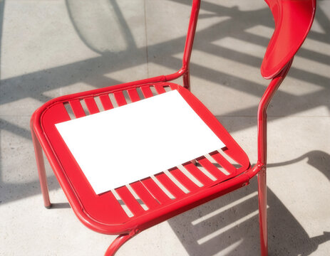 Blank white flyer mockup template on red metal chair in sunlight