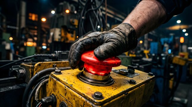 Industrial worker pressing red emergency stop button on factory machine