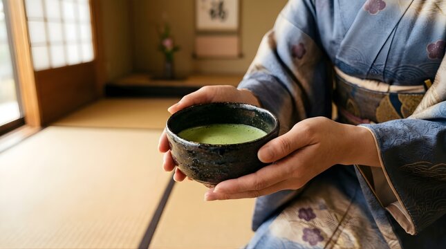 Japanese woman in kimono serving matcha green tea in traditional room
