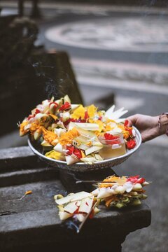 Balinese Hindu Daily Morning Offering Canang Sari in Temple