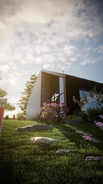 Modern Scandinavian House for Sale with Real Estate Sign &ndash; Luxury Home Exterior, Cinematic 3D Vertical Video