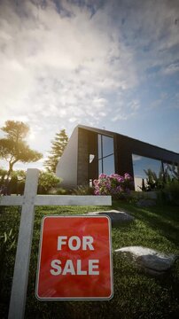 Modern Scandinavian House for Sale with Real Estate Sign &ndash; Luxury Home Exterior, Cinematic 3D Vertical Video