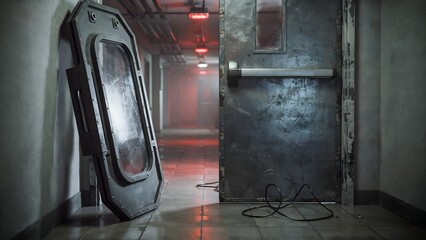 Fototapeta premium Mysterious industrial corridor with a partially open emergency escape door and flickering ceiling lights