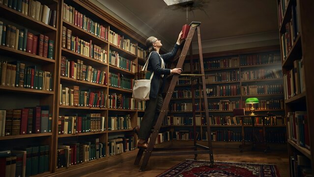 Woman browsing bookshelves in historic library, reading and exploring books