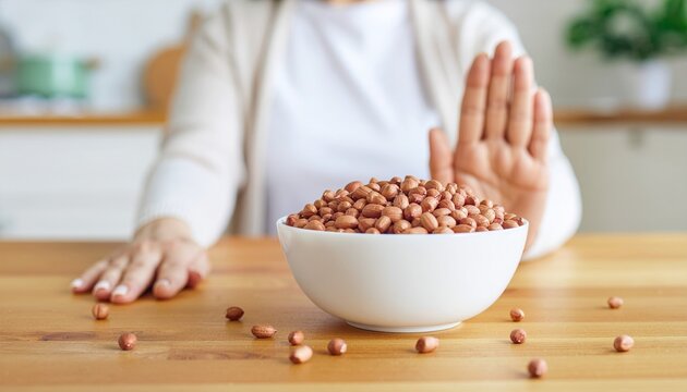 Close up of a woman hand making a stop gesture over a white bowl filled with peanuts, nut allergy or food intolerance healthcare concept, blurred bright kitchen background.