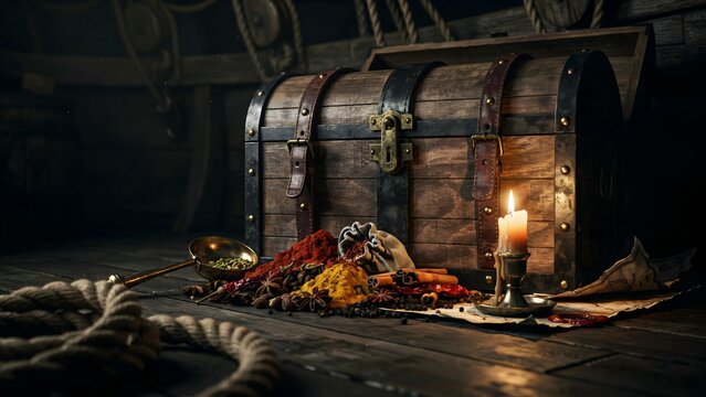 Ancient Wooden Treasure Chest with Candle, Rope, and Loot on Dark Floor