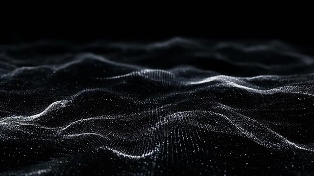 Abstract digital wave form composed of glowing white dots on a black background