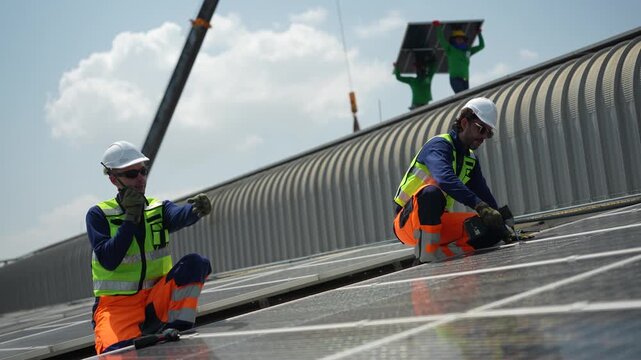 One engineer calls instructions over the radio while his colleague kneels at the wet array, coordinating final fixes on the rooftop solar field, filmed while a new industrial rooftop