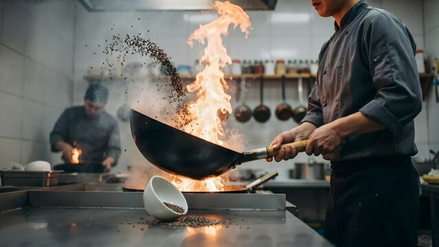 Chef Pouring Flamb&eacute;ed Dish with Fire in Restaurant Kitchen Scene