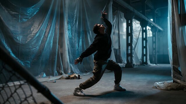Young Man Dancing in Industrial Warehouse with Dramatic Lighting and Shadows