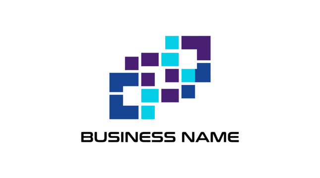Abstract pixelated blue and purple interlocking squares tech logo.