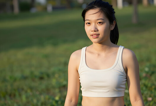 Young woman in white crop top outdoors during golden hour