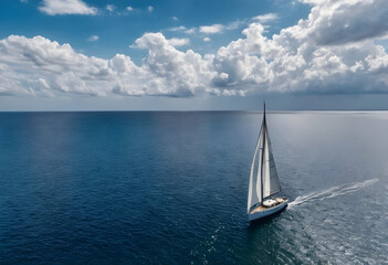 Fototapeta premium Aerial view of sailboat sailing on calm ocean under cloudy sky