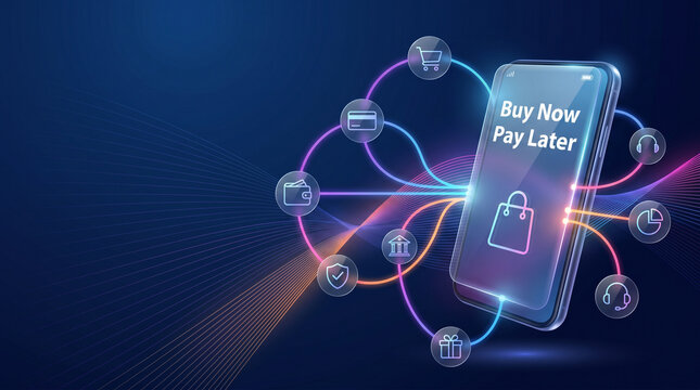 BNPL fintech interface visualizes flexible payments, digital transactions, consumer lending embedded finance through connected data flows for modern financial services copy space. buy now pay later