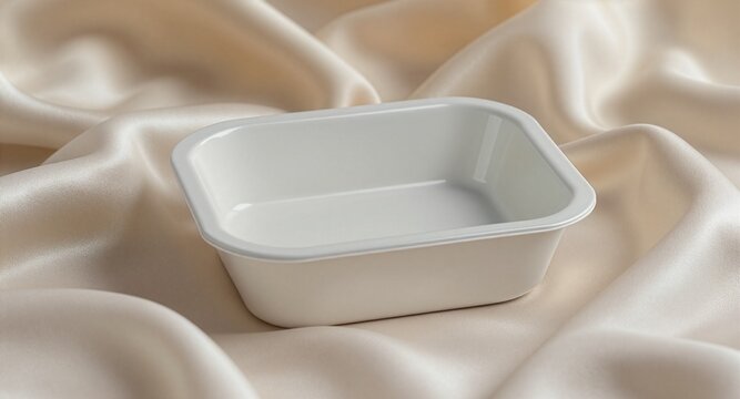 An empty white rectangular ceramic dish resting on a soft cream silk fabric background, perfect for premium culinary presentation, kitchenware advertising, and product mockups.