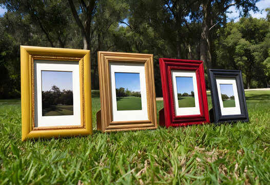 Five colorful picture frames displayed outdoors on grass
