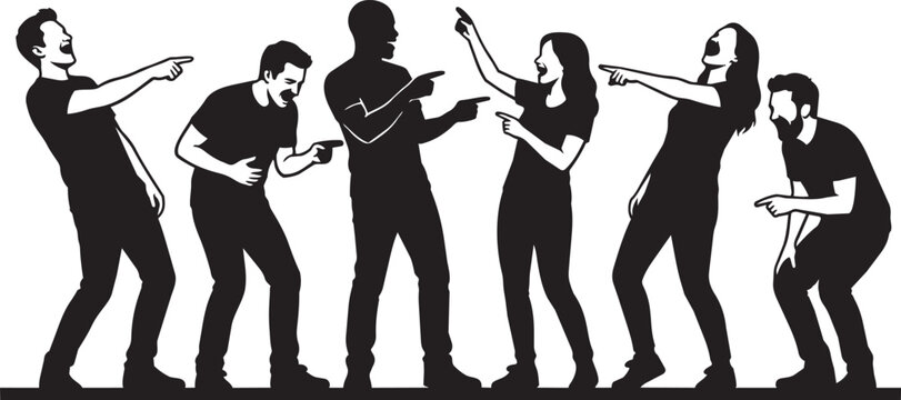 Bullying and mockery silhouette vector, group of people pointing and laughing at victim, social harassment and peer pressure concept illustration