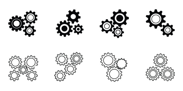 Set of three gears vector icons featuring cogwheel gear symbols, settings, configuration, engineering, mechanical system, and process automation icons in black silhouette isolated on white background.