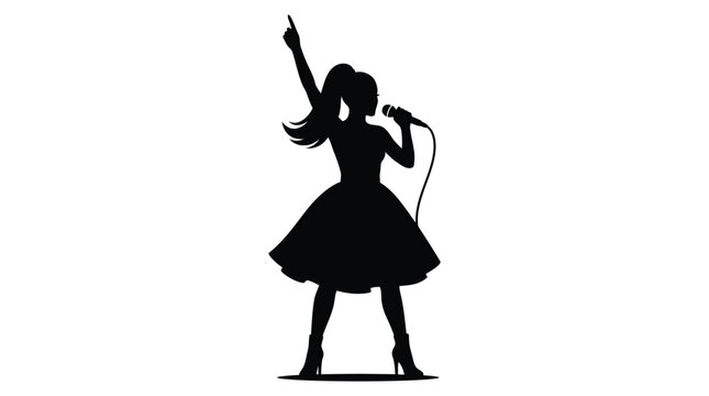 Elegant black vector silhouette of a female singer performing with a microphone on a stage