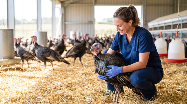 A person in blue clothing holds a turkey in a barn. The barn has many turkeys on the ground and straw everywhere. It is daytime and bright inside