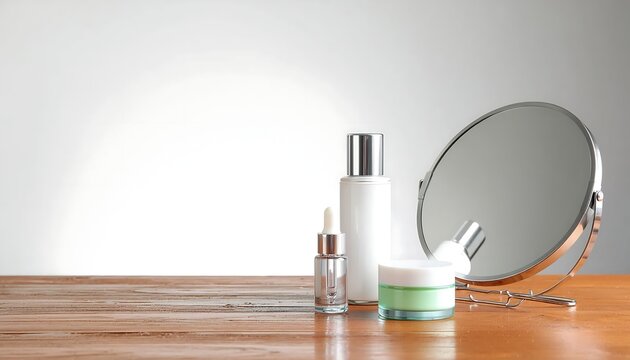 Skincare products and mirror on wooden table