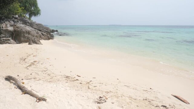 Pristine white sand beach with turquoise waters in Karimunjawa National Park Indonesia, framed by tropical trees and driftwood under calm midday sky