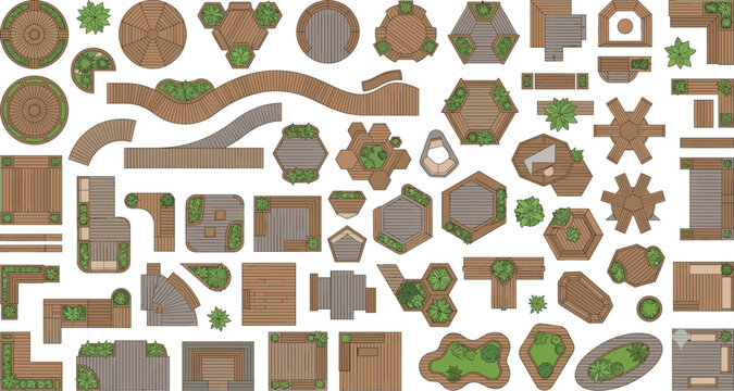 Isometric Park Landscape Game Assets Terrain Tiles Trees and Wooden Platform Elements Vector Collection for Map Design