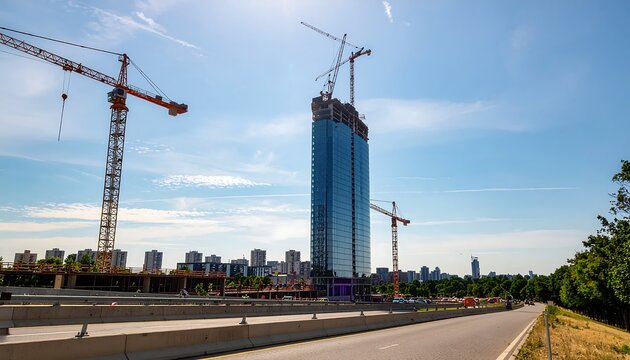 Skyscraper construction with cranes and city skyline in background