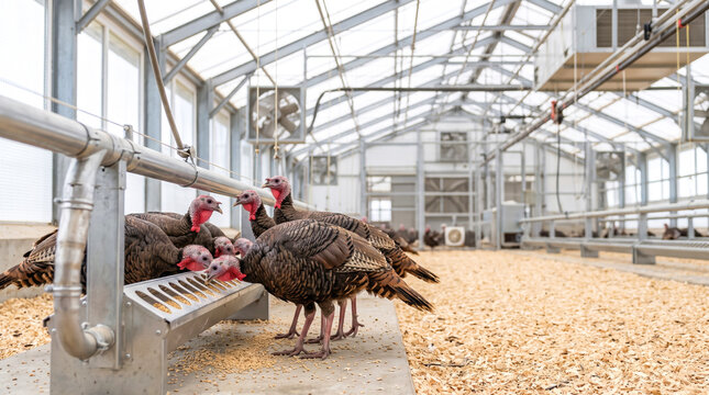 Several turkeys gather around a feeding trough in a greenhouse on a farm. The structure has large windows and is filled with wood shavings. Sunlight filters in through the glass
