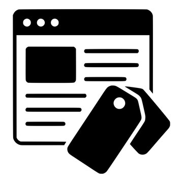 Web page with tags for SEO meta tags, black glyph icon for website metadata and keyword tagging