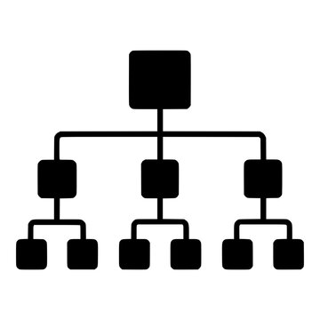 Hierarchical tree diagram of connected nodes, black glyph icon for website sitemap and site structure