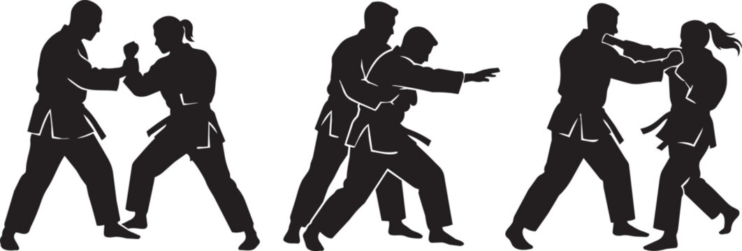 Martial arts silhouettes set, judo and aikido fighters in combat poses, black vector icons of athletes practicing self defense techniques