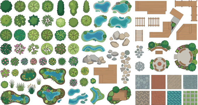 Landscape Architecture CAD Blocks Collection with Trees, Shrubs, Water Features, Decking, Rocks and Garden Design Elements