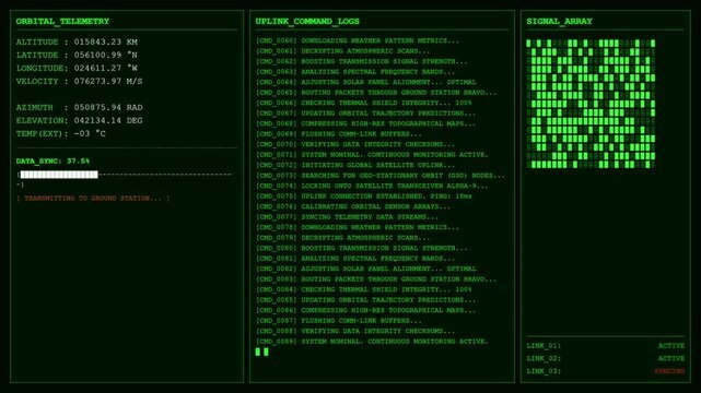 Title: Orbital Telemetry Satellite Uplink Signal Array Animation.