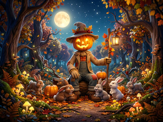 Fototapeta premium Magical halloween forest scene pumpkin scarecrow with bunnies under the moon